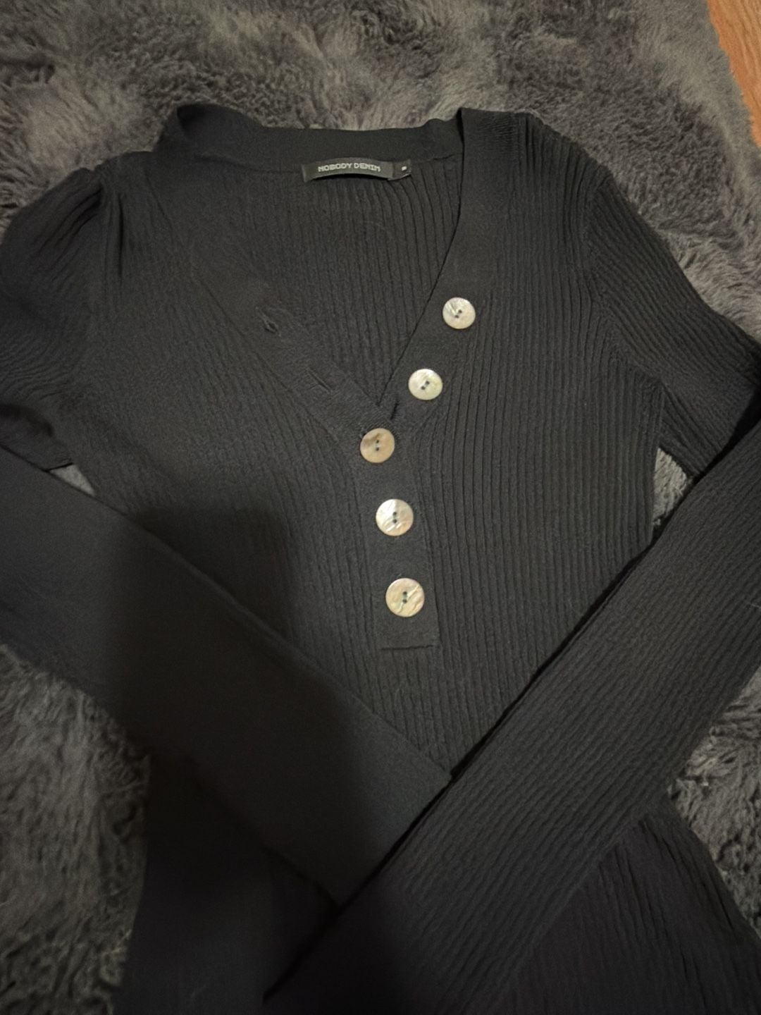 Nobody Denim Black Ribbed Knit Long Sleeve Button-Down Top 3
