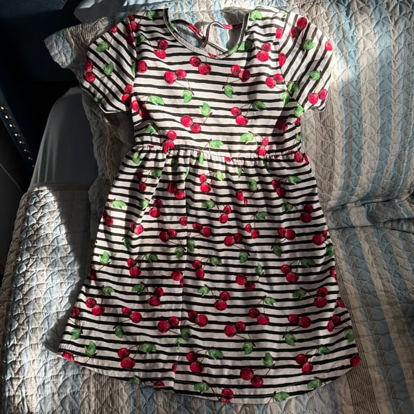 Lemon Kiss Girls Black and White Striped Cherry Print Dress