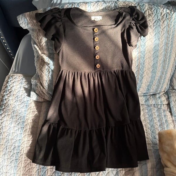 Black Ribbed Square Neck Flutter Sleeve Tiered Mini Dress