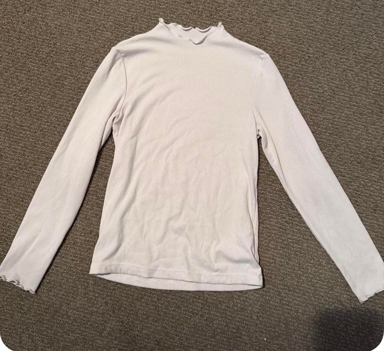 Stradivarius White Ribbed Long Sleeve Mock Neck Top with Lettuce Edge 2