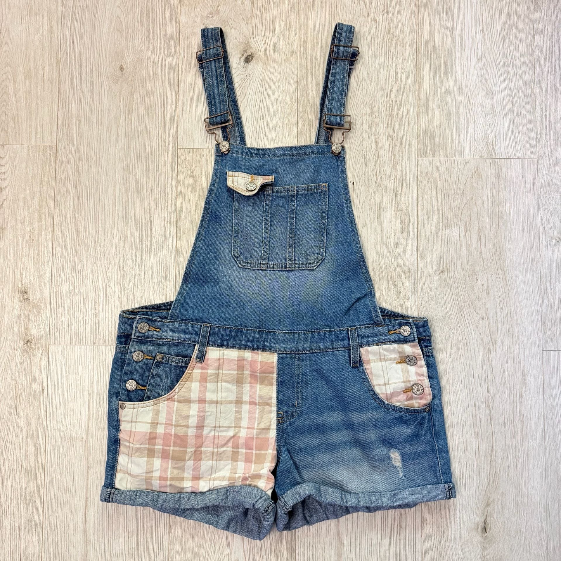 lei Juniors Denim Shortalls with Pink Plaid Patchwork Details 2