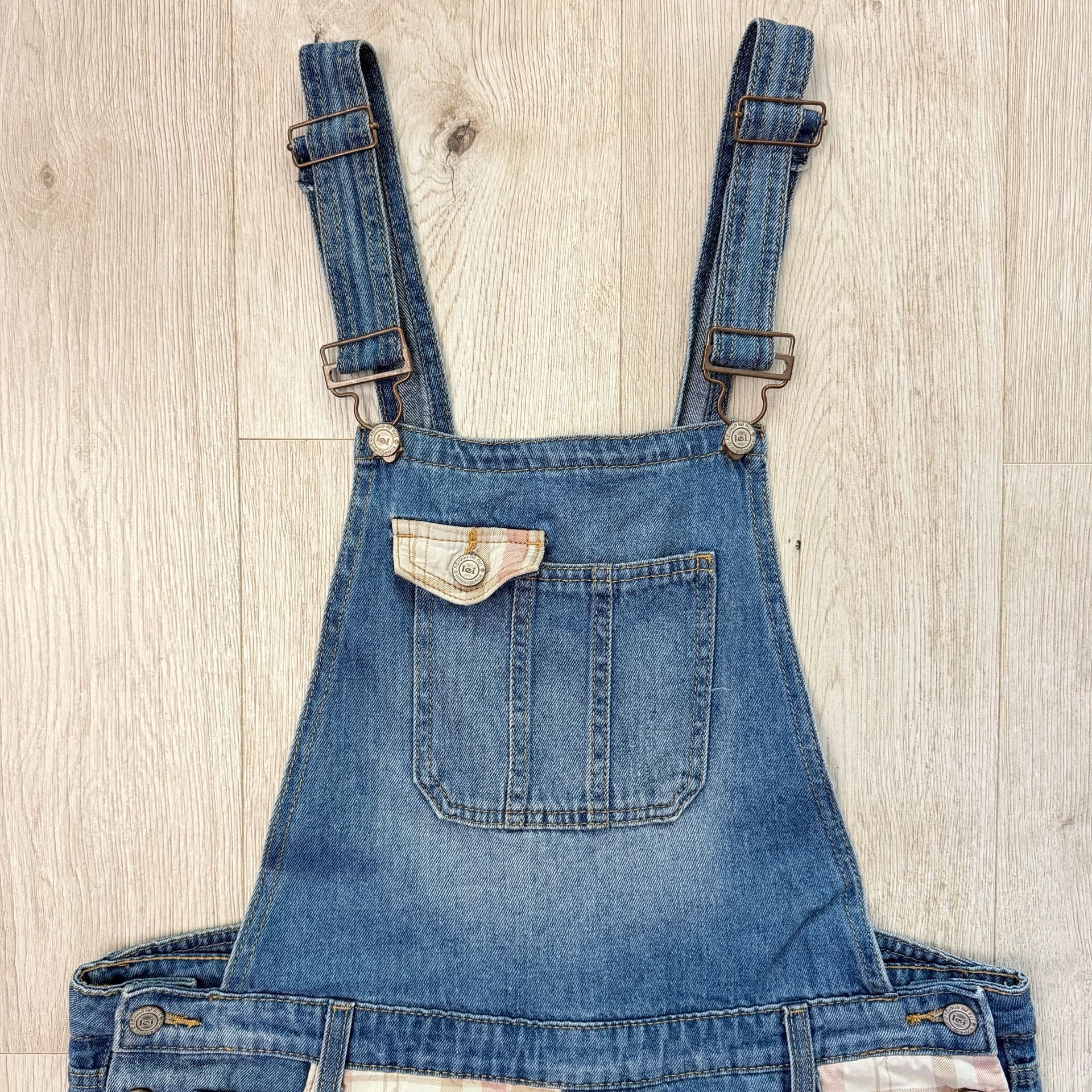 lei Juniors Denim Shortalls with Pink Plaid Patchwork Details 3