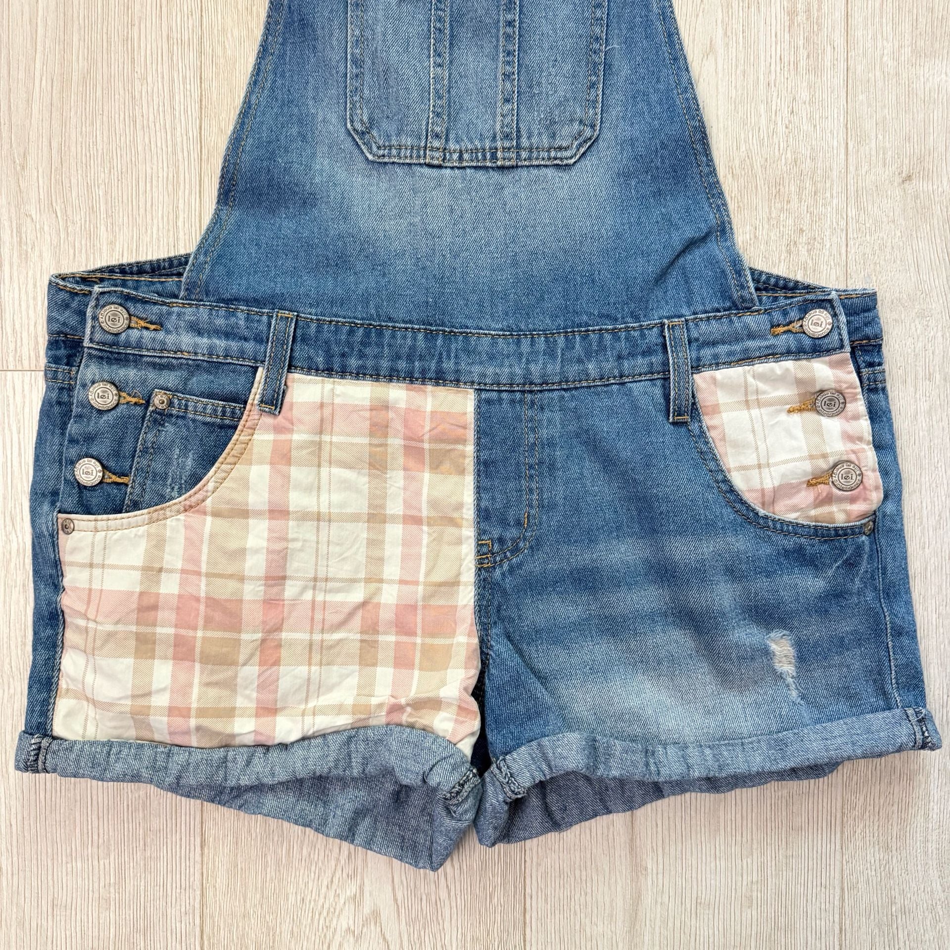 lei Juniors Denim Shortalls with Pink Plaid Patchwork Details 4