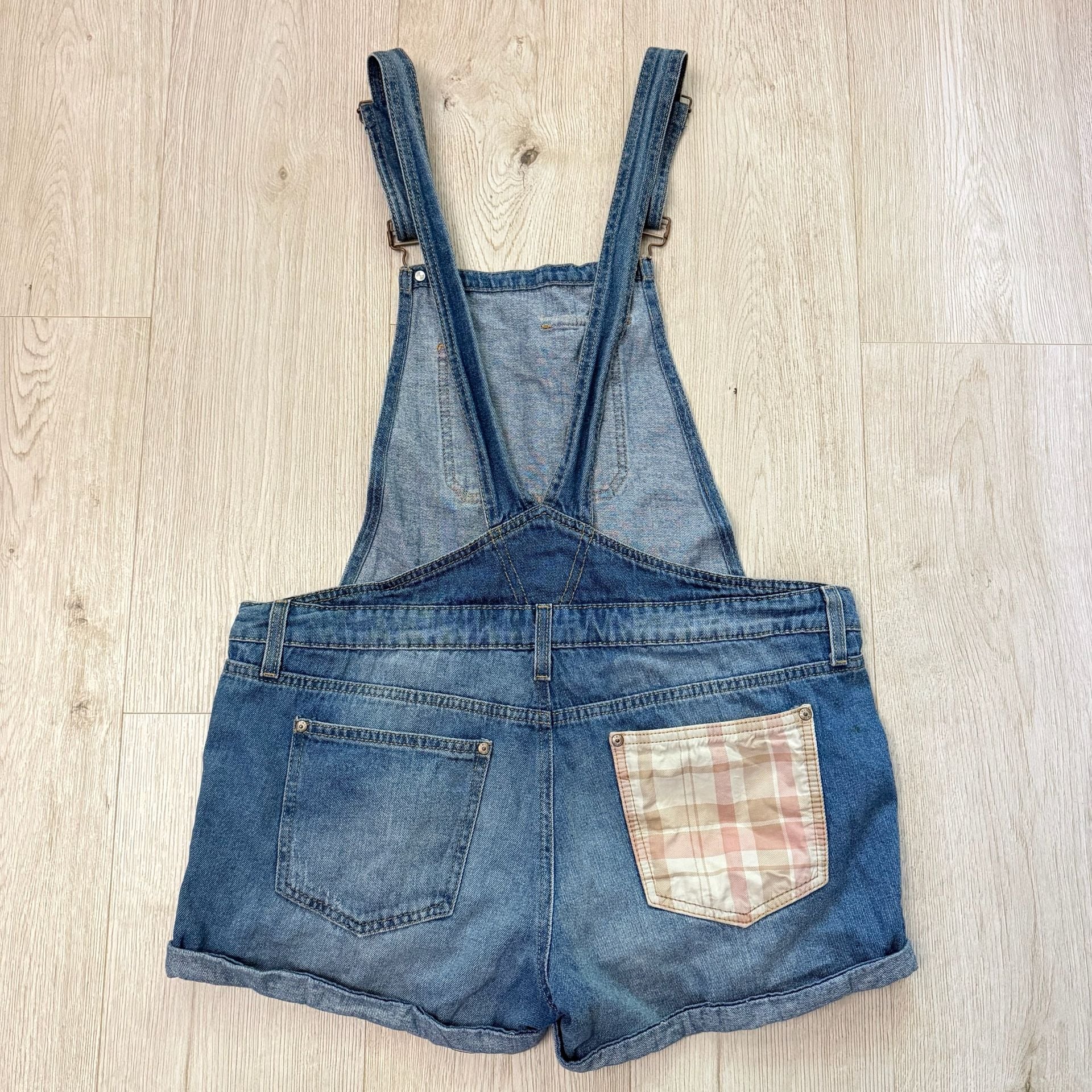 lei Juniors Denim Shortalls with Pink Plaid Patchwork Details 5