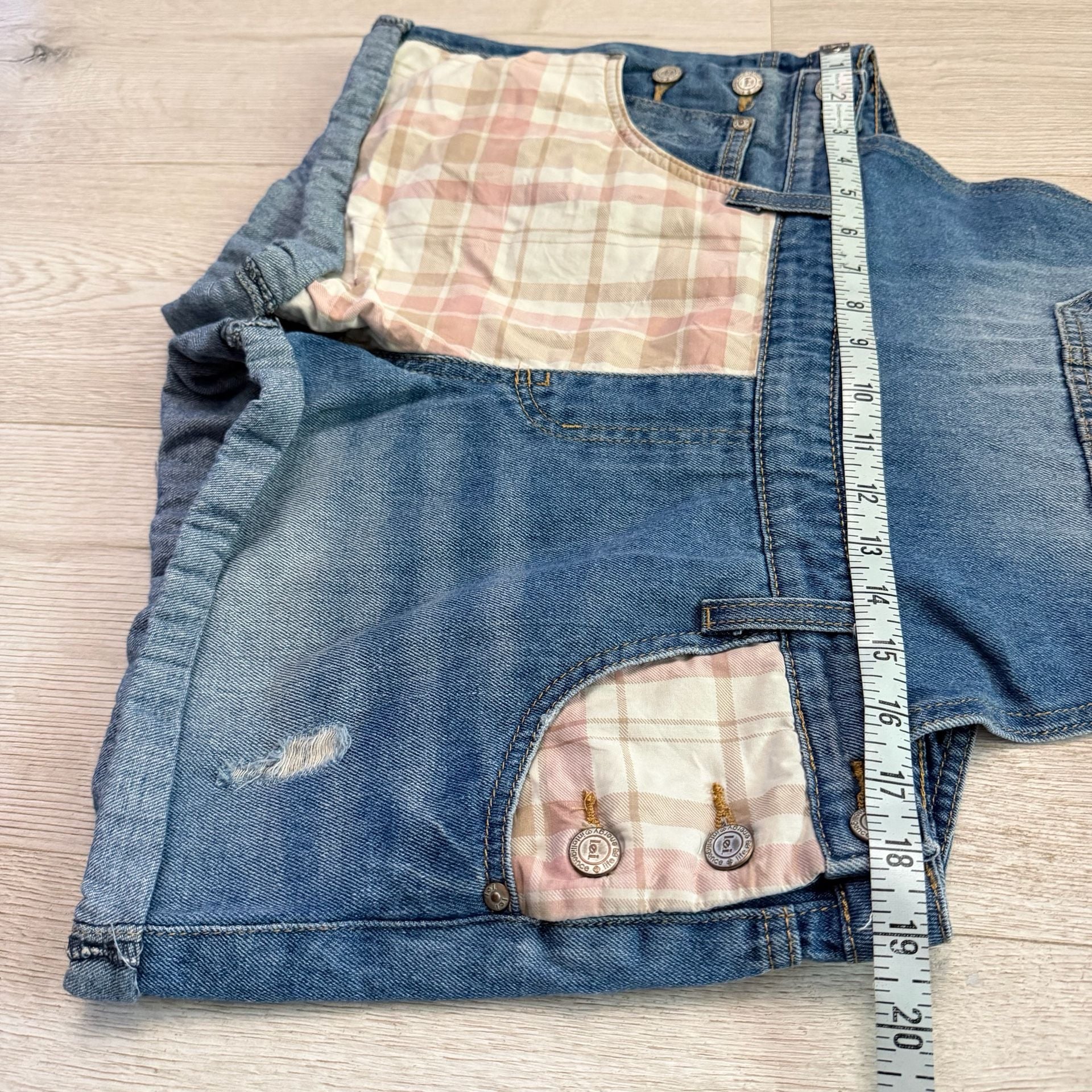 lei Juniors Denim Shortalls with Pink Plaid Patchwork Details 7