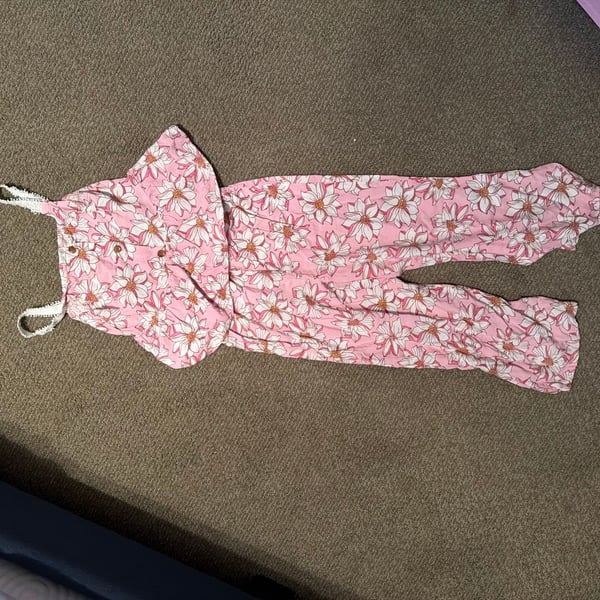 Girls Pink Floral Print Ruffle Sleeve Jumpsuit with Button Detail