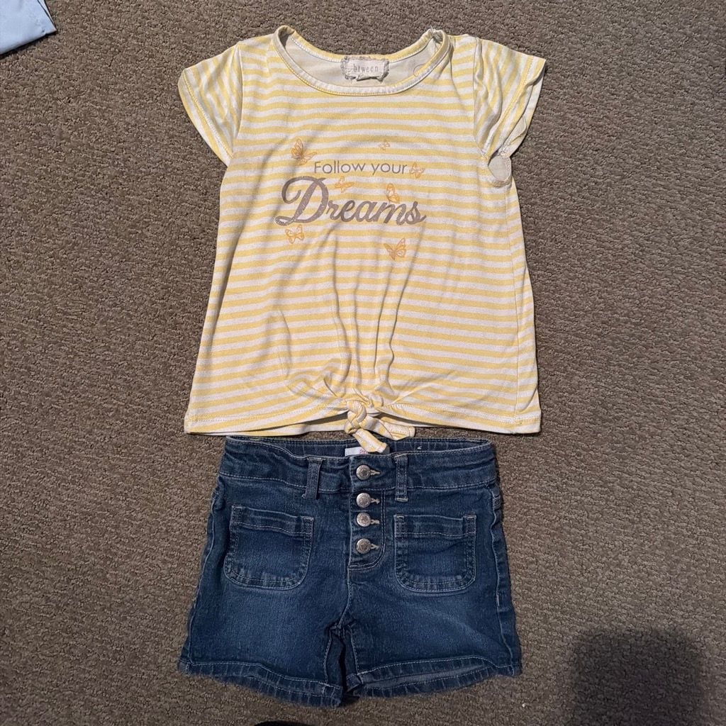 Btween Girls Yellow and White Striped Follow Your Dreams Tie-Front Top and Denim Shorts Outfit Set 1