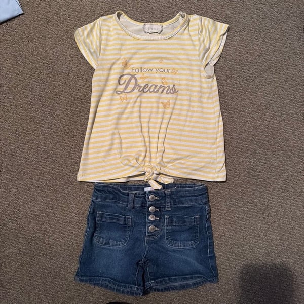 Btween Girls Yellow and White Striped Follow Your Dreams Tie-Front Top and Denim Shorts Outfit Set