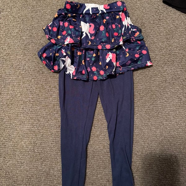 Girls Navy Blue Unicorn and Floral Print Skirted Leggings