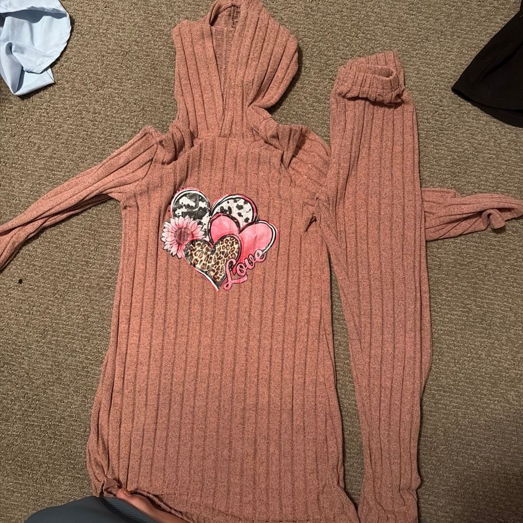 girls' lightweight casual heart print knitted ribbed hooded dress ... 1