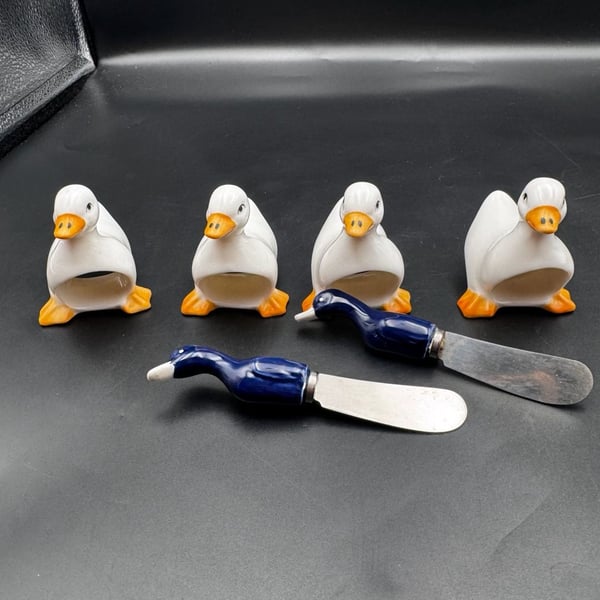 Vintage Shafford Ceramic Duck Napkin Rings and Spreader Set