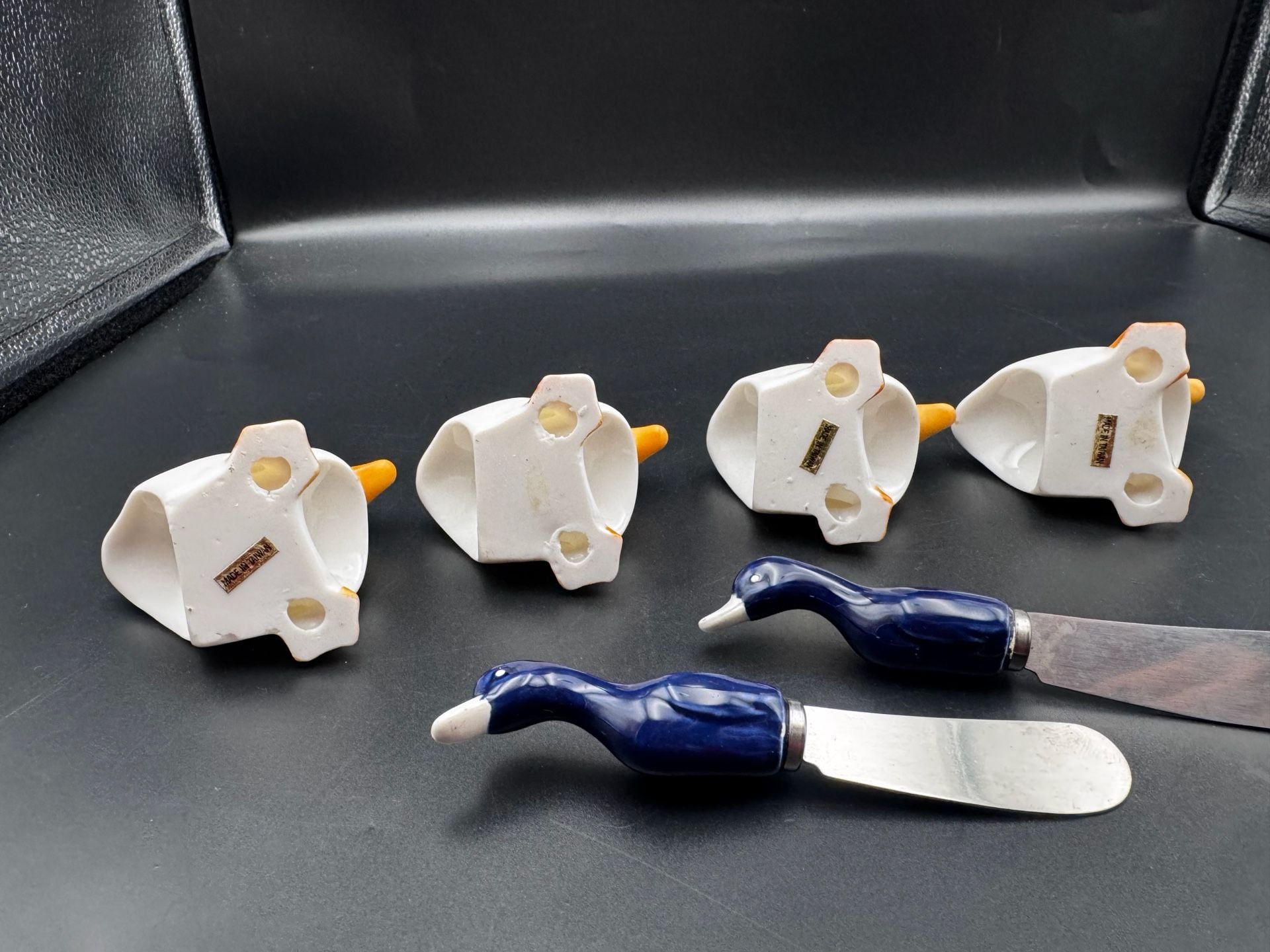 Vintage Shafford Ceramic Duck Napkin Rings and Spreader Set 3