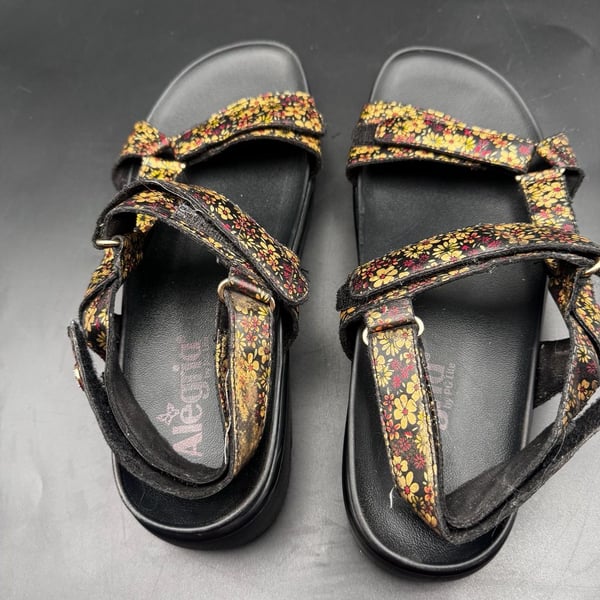 Alegria Henna Black Gold Floral Platform Slingback Sandals