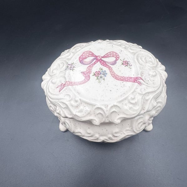 Vintage Ceramic Footed Trinket Box with Pink Bow and Floral Design