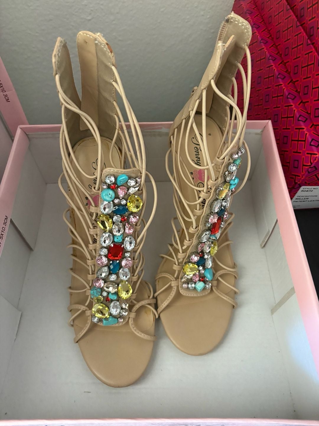 Penny Loves Kenny Dare Nude Stiletto Strappy Beaded Sandals 2