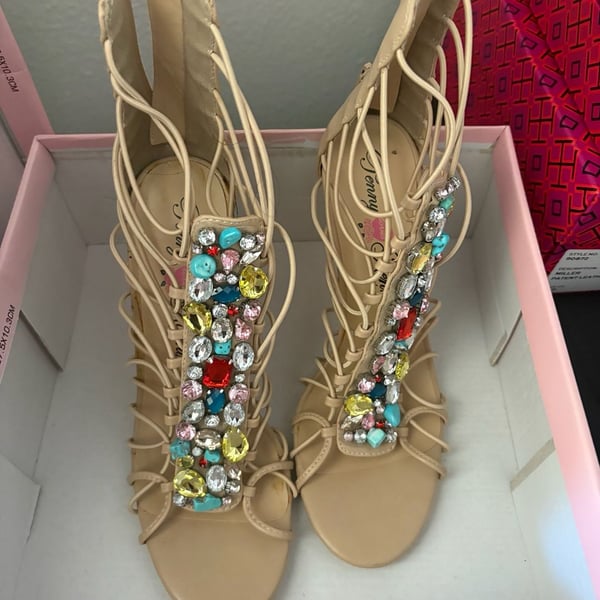 Penny Loves Kenny Dare Nude Stiletto Strappy Beaded Sandals