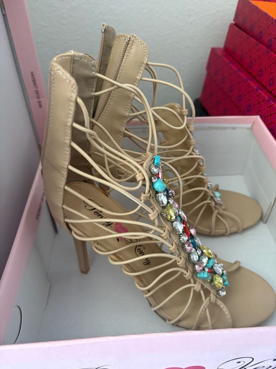 Penny Loves Kenny Dare Nude Stiletto Strappy Beaded Sandals 3
