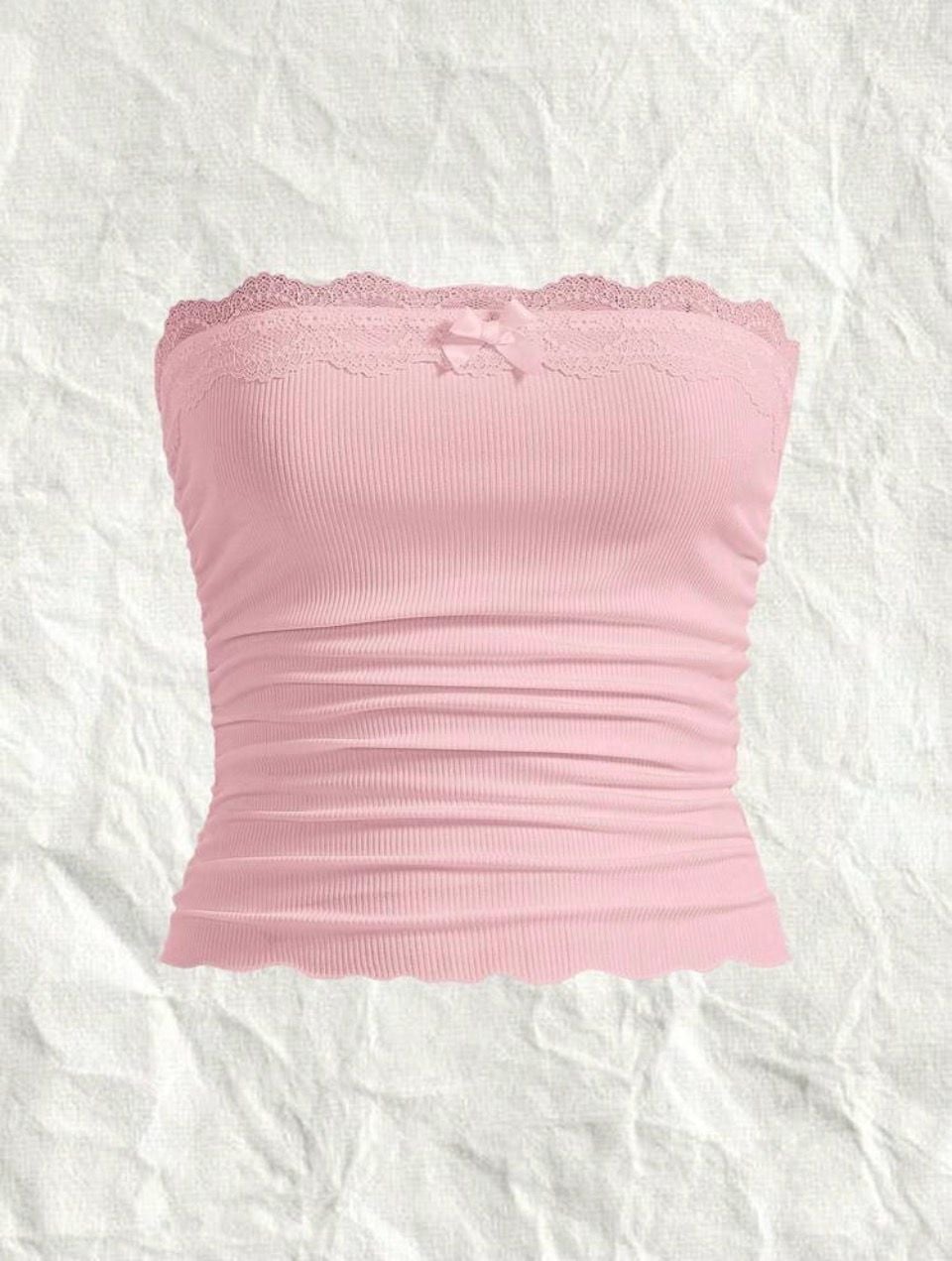 SHEIN Pink Ribbed Lace Trim Ruched Tube Top with Bow 2