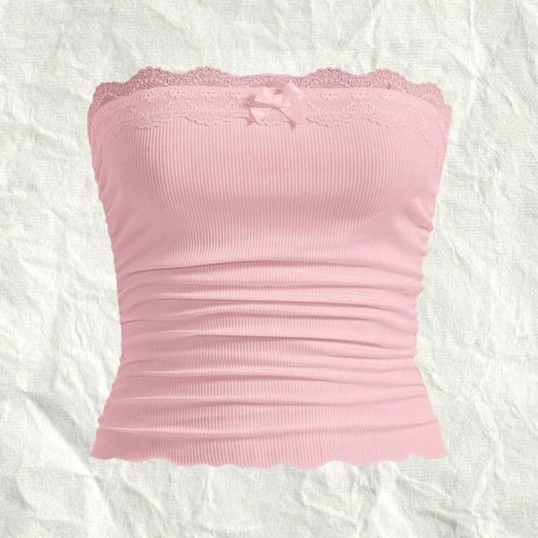 SHEIN Pink Ribbed Lace Trim Ruched Tube Top with Bow