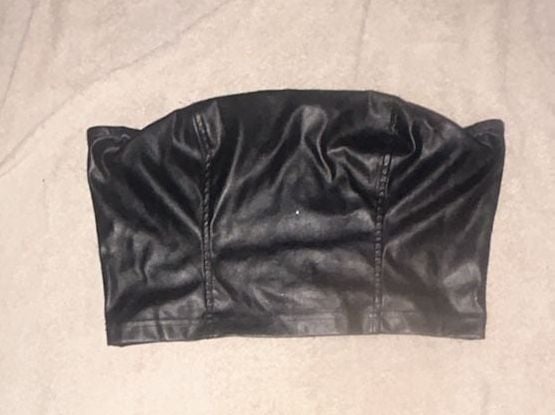 Black Faux Leather Strapless Tube Crop Top with Back Zipper 1