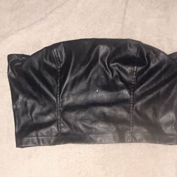 Black Faux Leather Strapless Tube Crop Top with Back Zipper