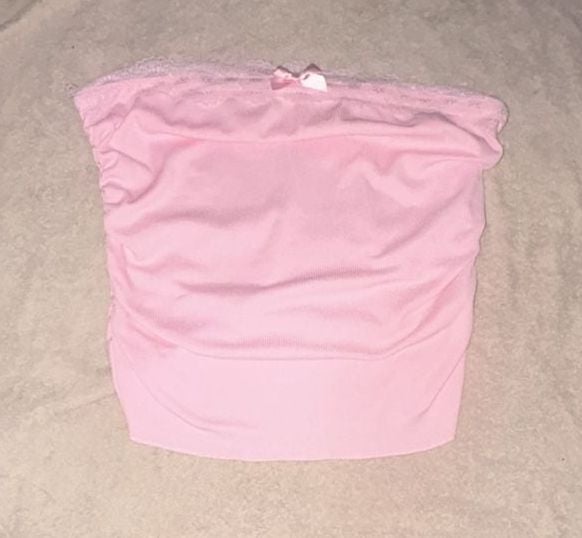 SHEIN Pink Ribbed Lace Trim Ruched Tube Top with Bow 3
