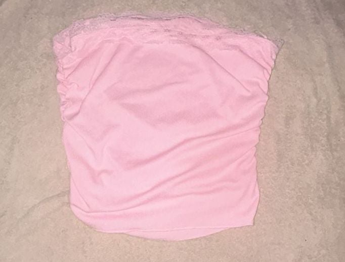 SHEIN Pink Ribbed Lace Trim Ruched Tube Top with Bow 4