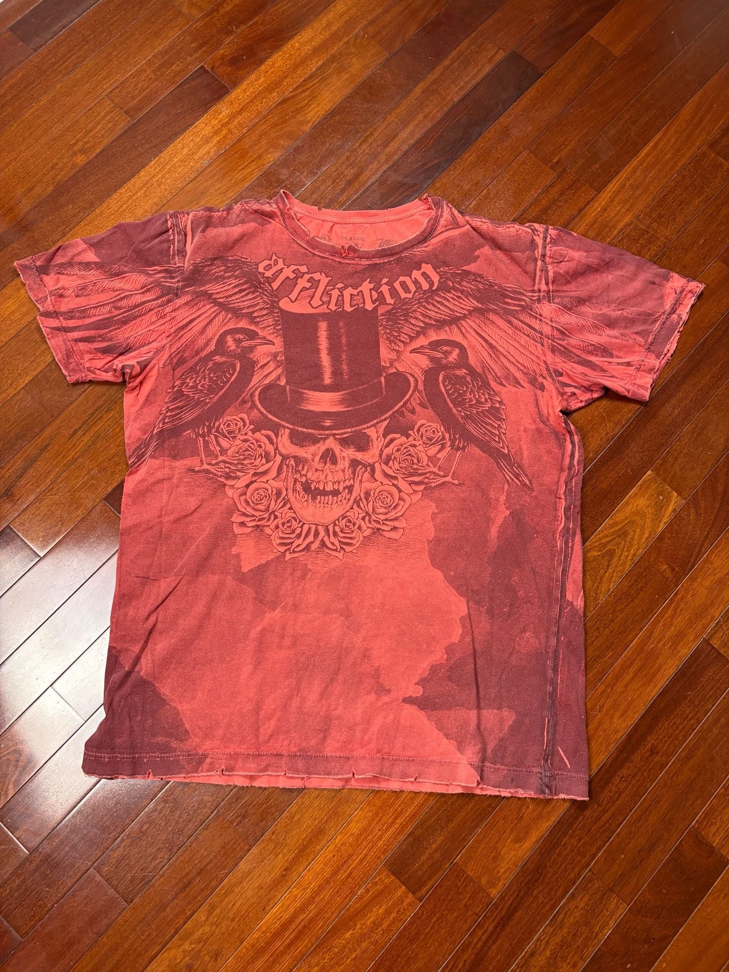 Affliction Red Lava Wash Skull & Roses Graphic T-Shirt Men’s XL Y2K Biker Grunge 2