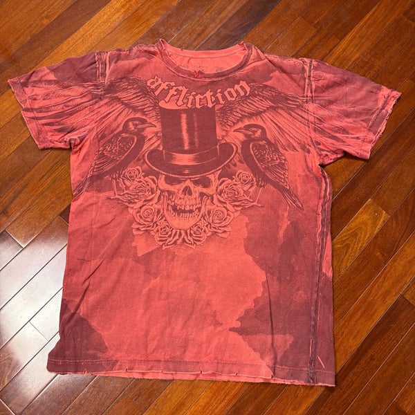 Affliction Red Lava Wash Skull & Roses Graphic T-Shirt Men’s XL Y2K Biker Grunge