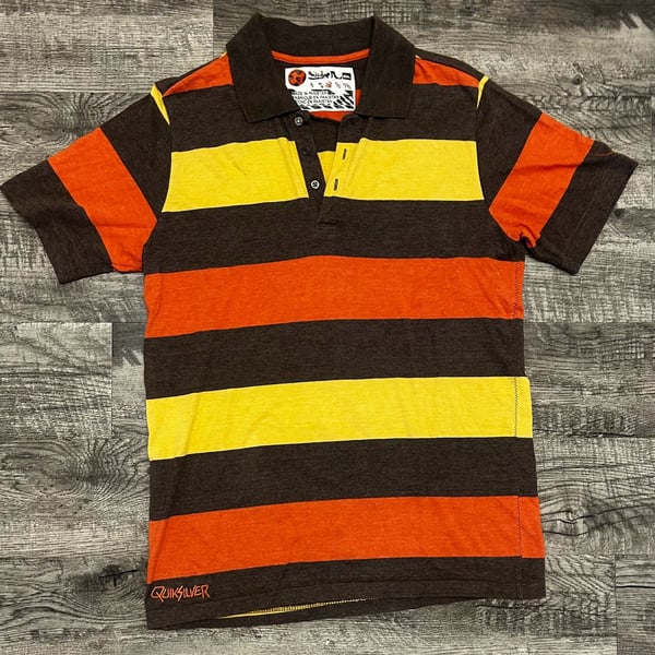Quiksilver Men's Brown, Orange, and Yellow Striped Polo Shirt