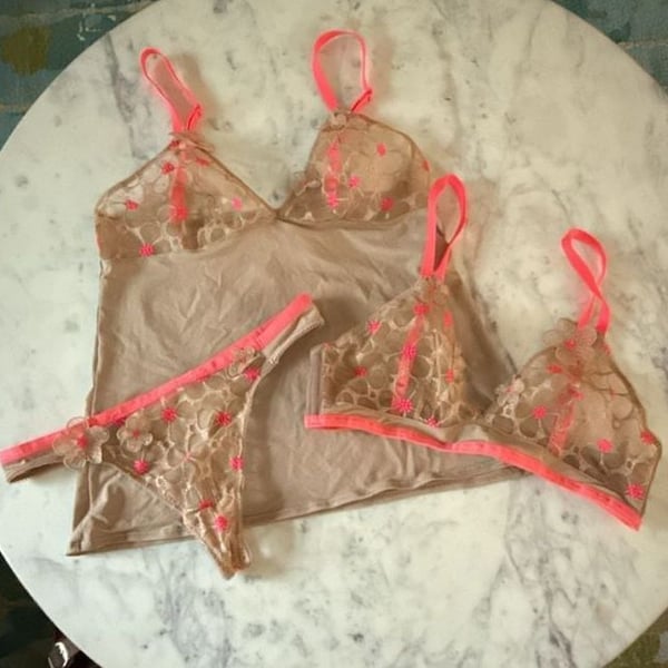 Huit 8 Floral Lingerie Set - Camisole, Triangle Bra, & Thong, Beige + Neon Pink