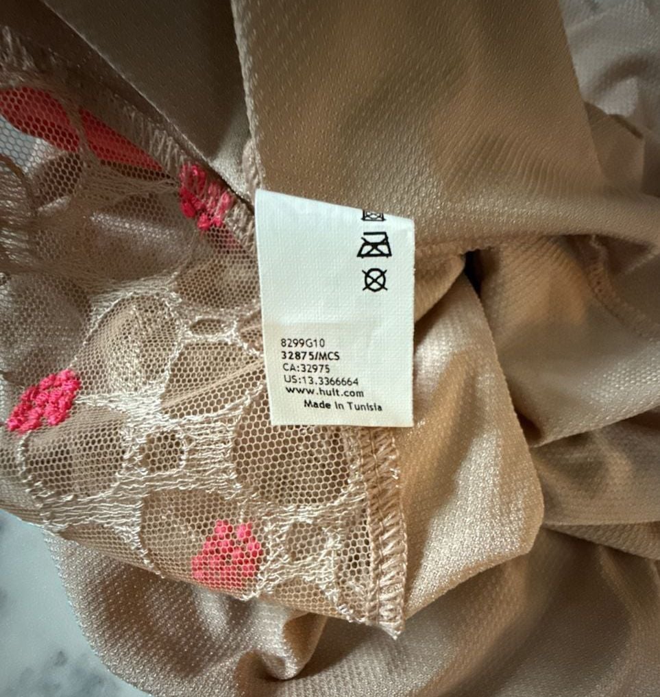 Huit 8 Floral Lingerie Set - Camisole, Triangle Bra, & Thong, Beige + Neon Pink 7