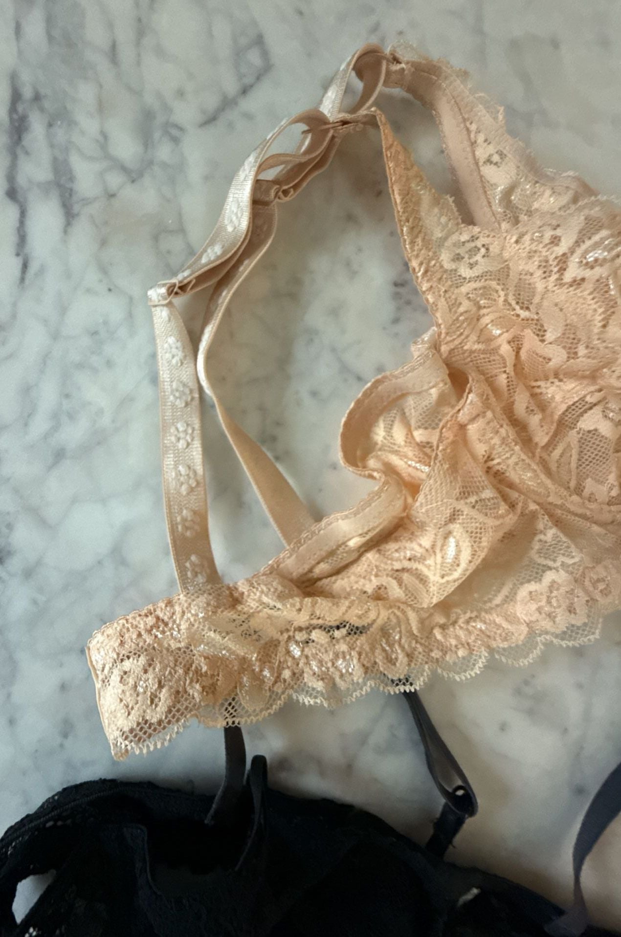 Unlined Floral Lace Balconette Bra Set (Black and Beige) 4