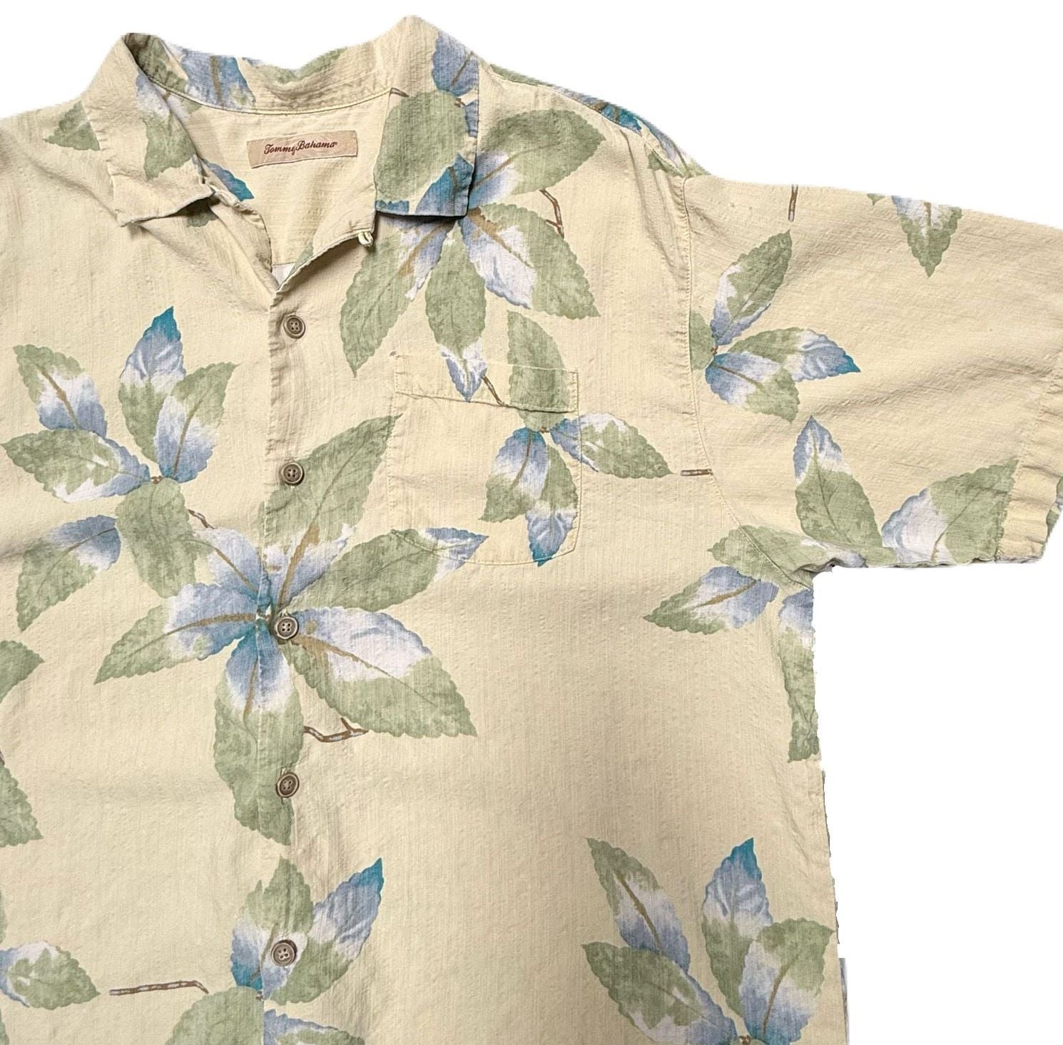 Vtg Tommy Bahama Shirt Mens XL 100% Silk Hawaiian Camp Cream Tropical Leaf Y2K 2