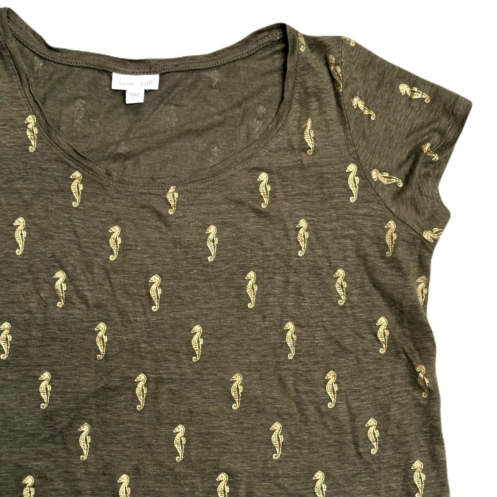 J. Jill Love Linen Shirt Womens L Boxy Short Tee Olive Green Gold Seahorse Top 2