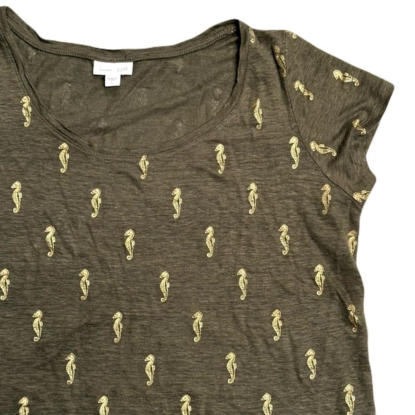 J. Jill Love Linen Shirt Womens L Boxy Short Tee Olive Green Gold Seahorse Top