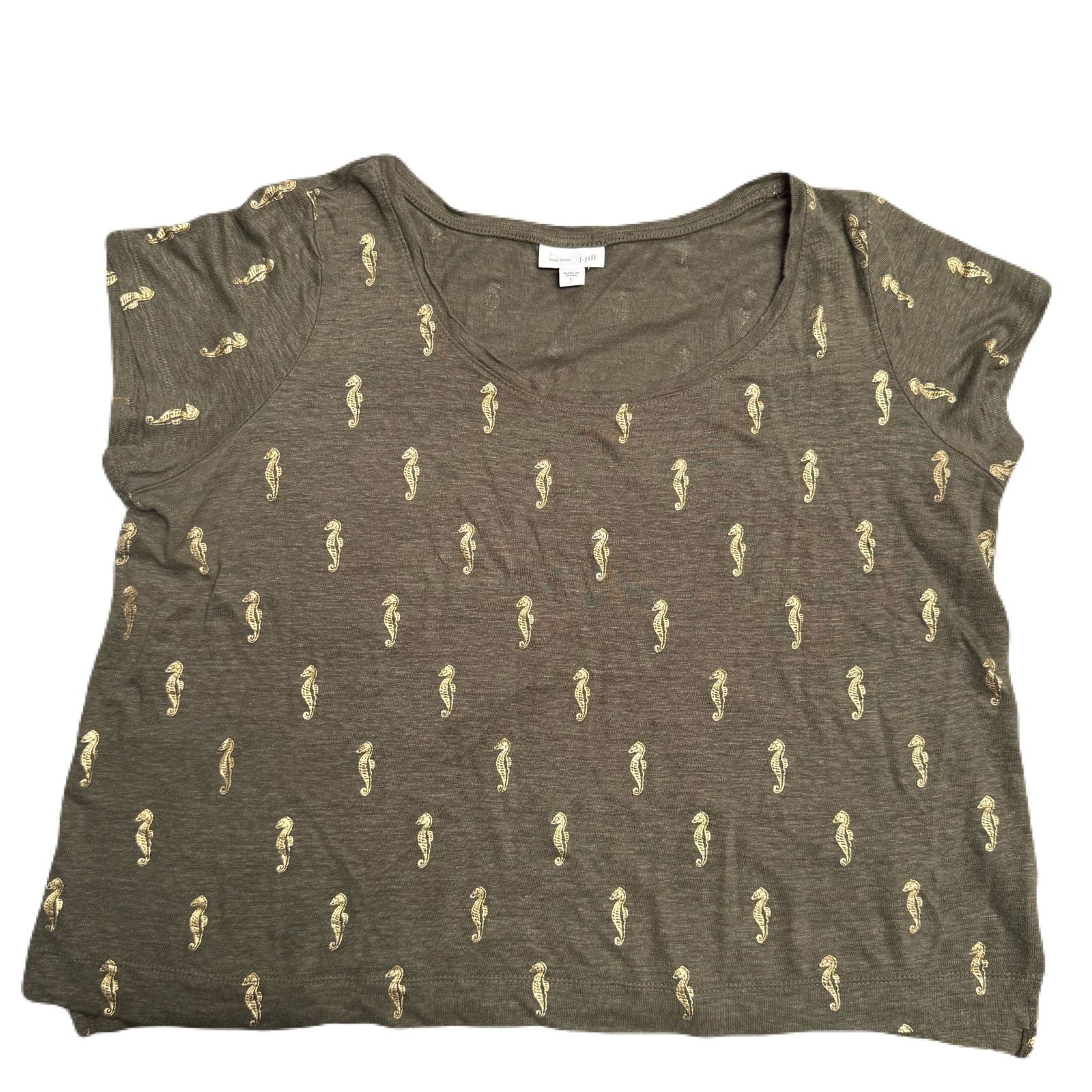 J. Jill Love Linen Shirt Womens L Boxy Short Tee Olive Green Gold Seahorse Top 3