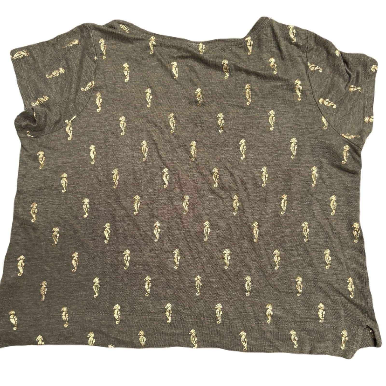 J. Jill Love Linen Shirt Womens L Boxy Short Tee Olive Green Gold Seahorse Top 4