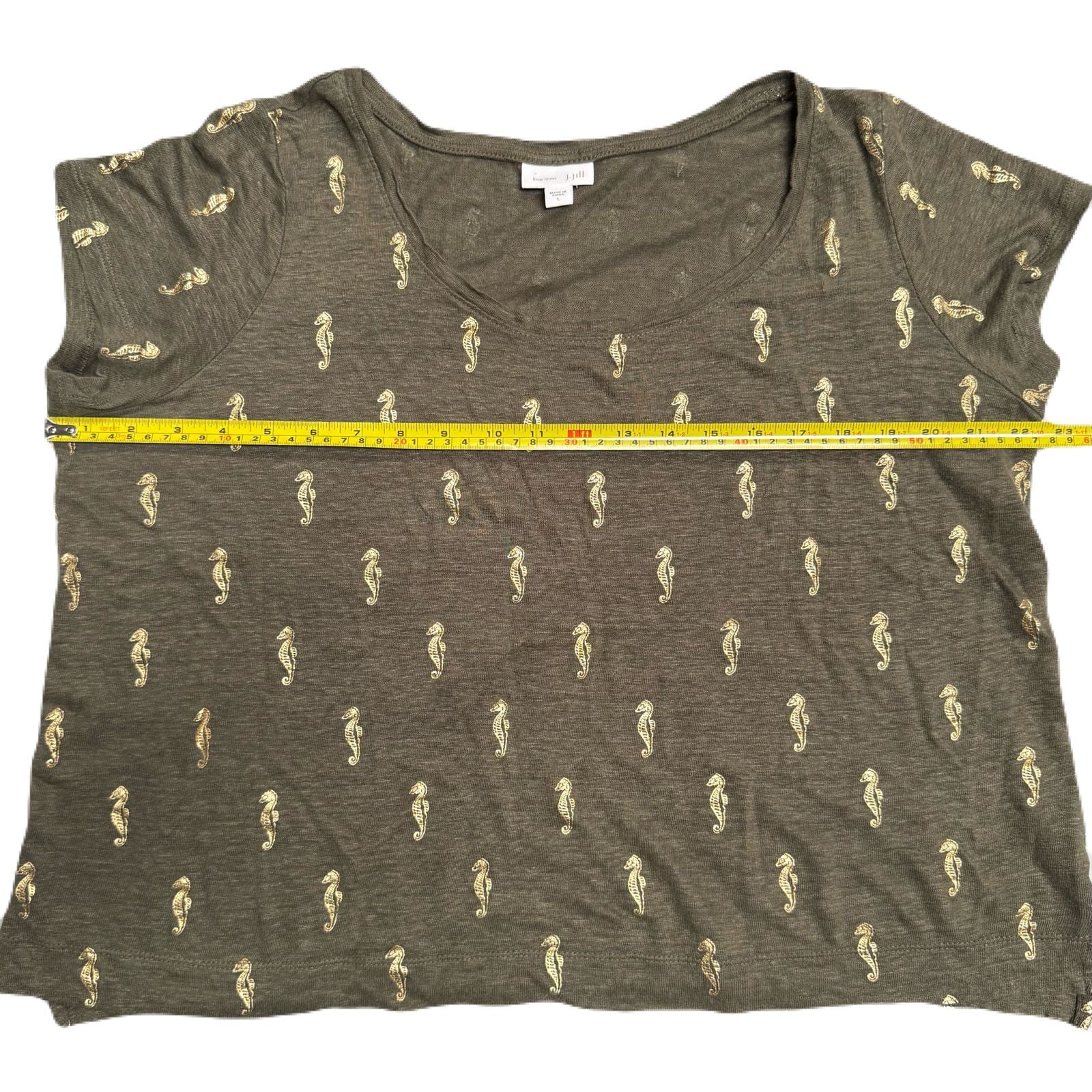 J. Jill Love Linen Shirt Womens L Boxy Short Tee Olive Green Gold Seahorse Top 5