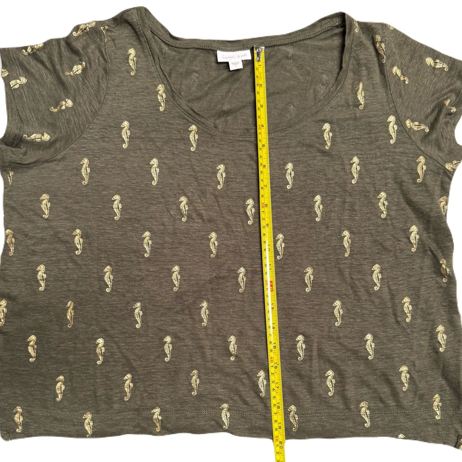 J. Jill Love Linen Shirt Womens L Boxy Short Tee Olive Green Gold Seahorse Top 6