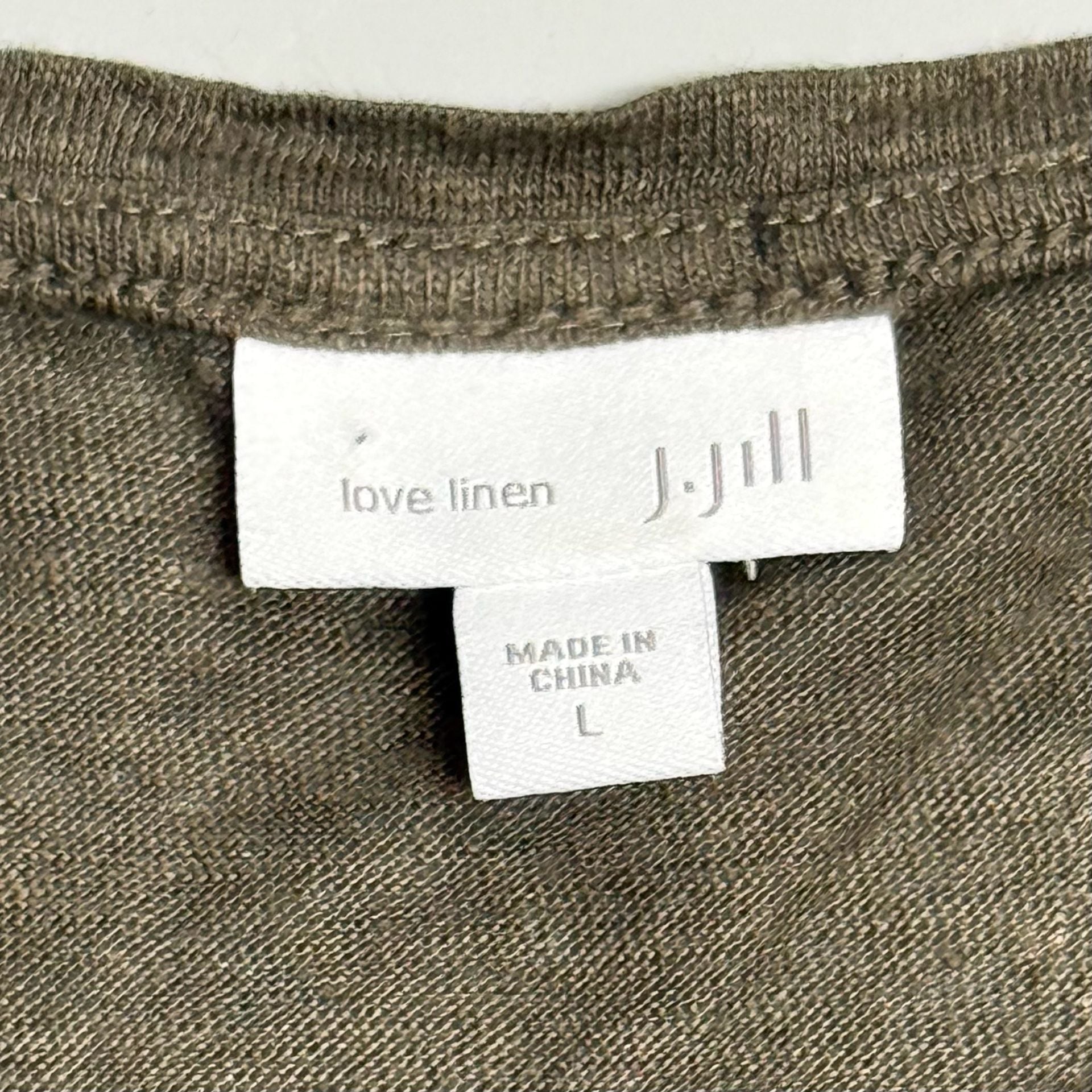 J. Jill Love Linen Shirt Womens L Boxy Short Tee Olive Green Gold Seahorse Top 7