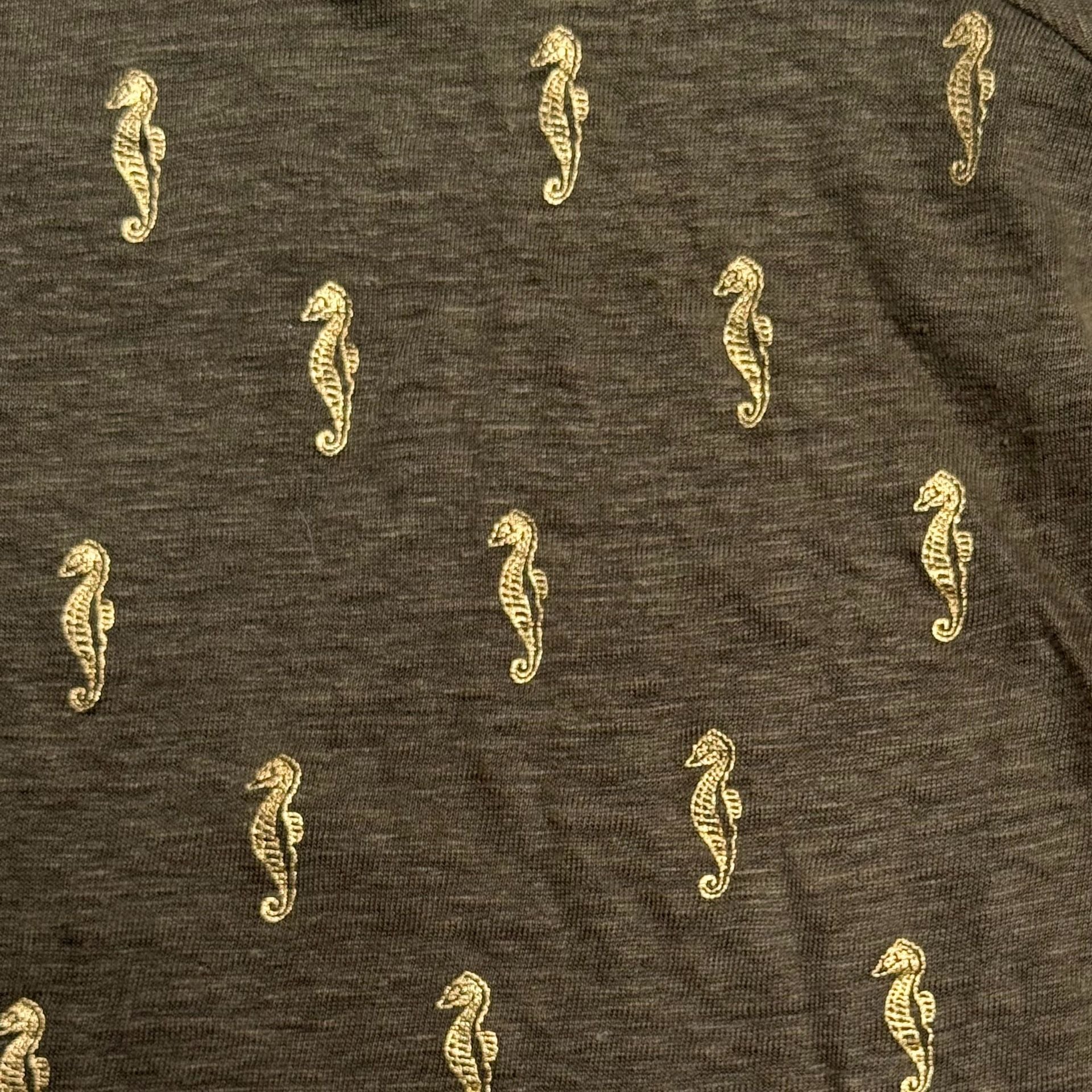 J. Jill Love Linen Shirt Womens L Boxy Short Tee Olive Green Gold Seahorse Top 8