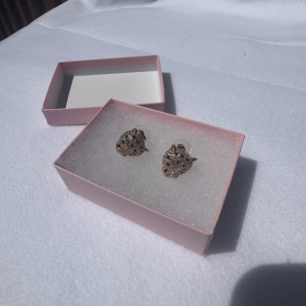 Rose Gold-Tone Leopard Head Stud Earrings with Rhinestones and Green Eyes