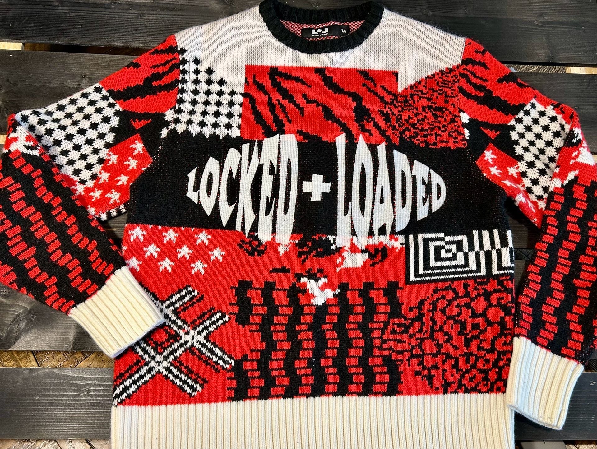 Locked + Loaded Patchwork Graphic Knit Sweater | Men’s Medium | Streetwear 3