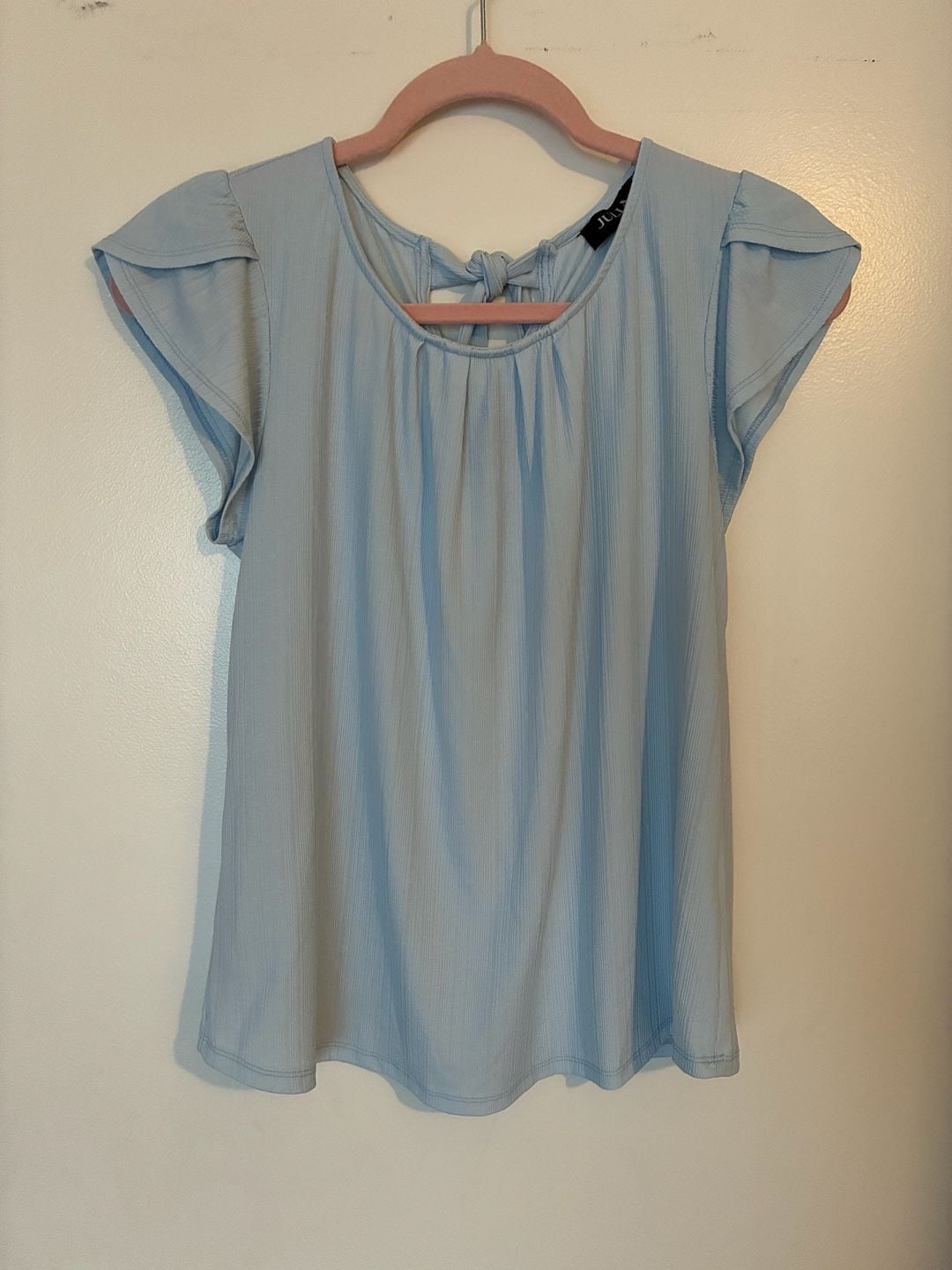 Julia by LoveJ Light Blue Ribbed Flutter Sleeve Tie-Back Blouse 2