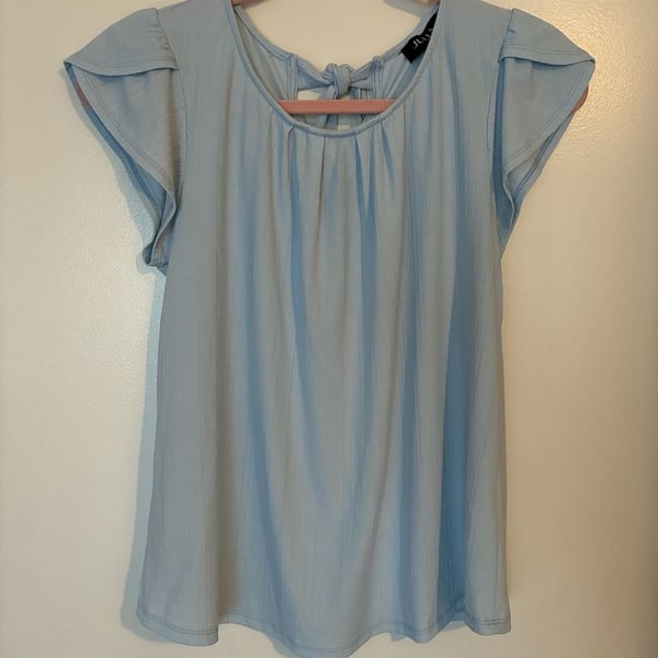 Julia by LoveJ Light Blue Ribbed Flutter Sleeve Tie-Back Blouse