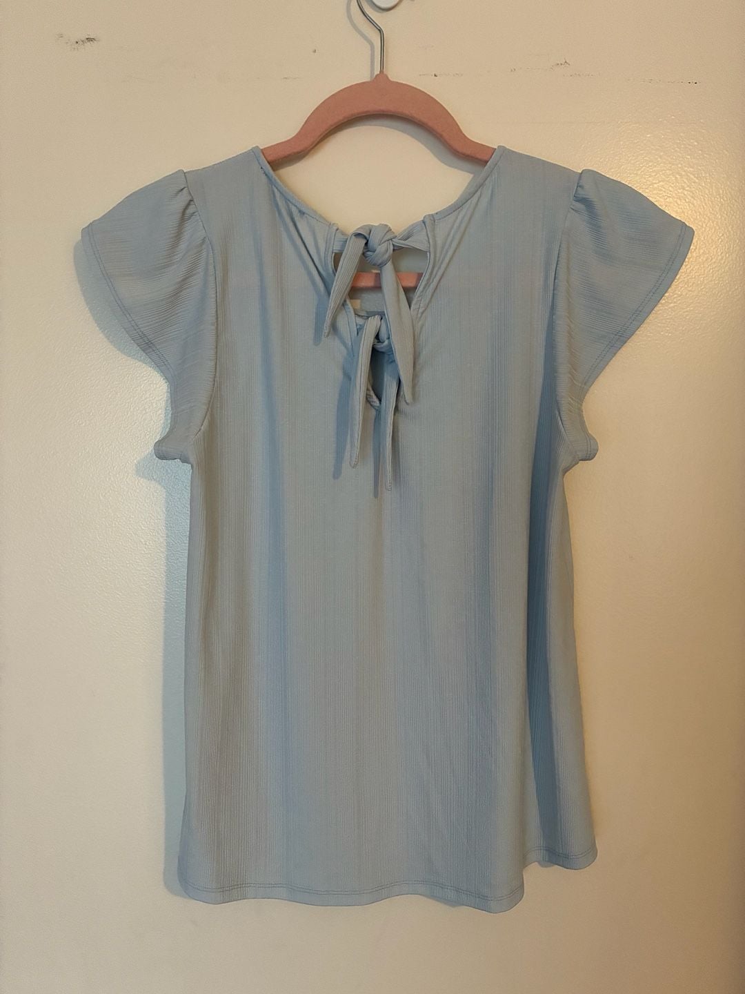 Julia by LoveJ Light Blue Ribbed Flutter Sleeve Tie-Back Blouse 3