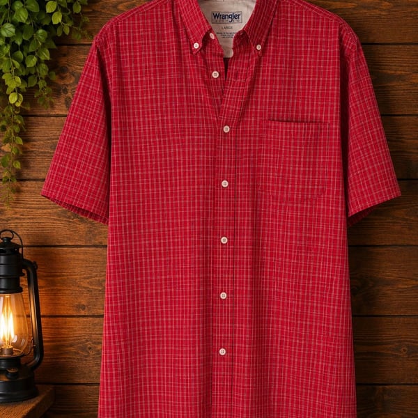 Wrangler Hero Men's Red and White Plaid Short Sleeve Button-Down Shirt
