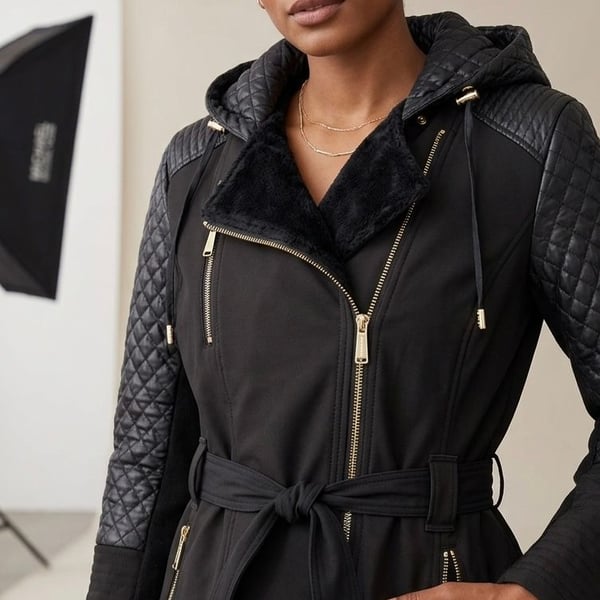 Michael Kors Women's Asymmetrical Soft Shell Belted Moto Jacket with Quilted Sleeves