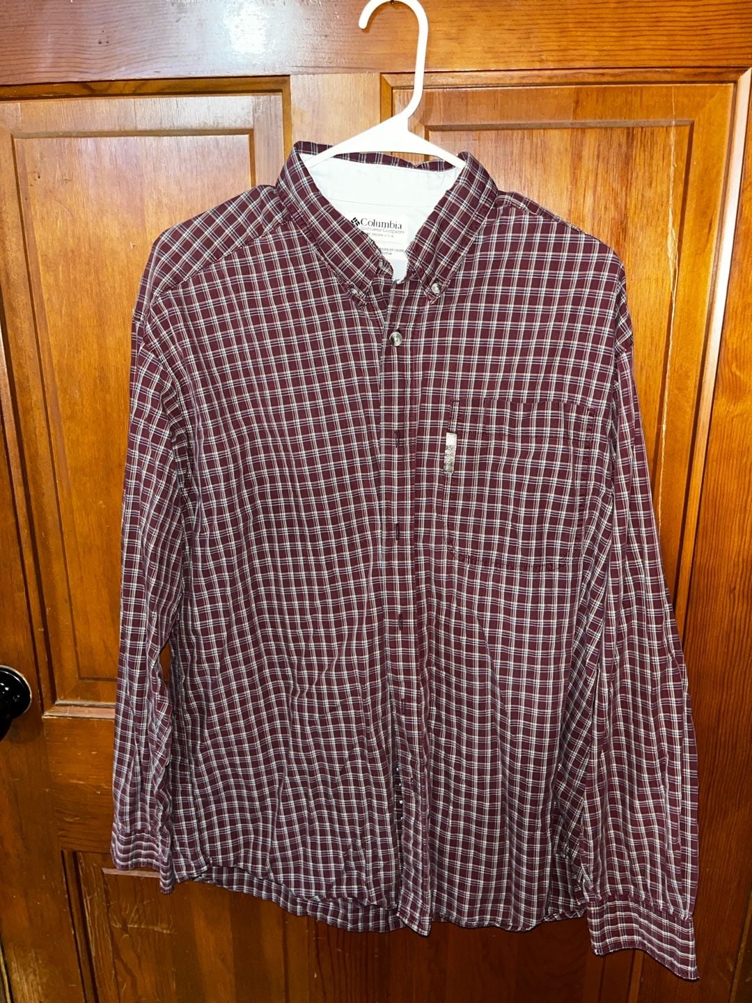 Columbia Sportswear Men's Long Sleeve Button-Down Plaid Shirt, Burgundy and White, Size Large 1